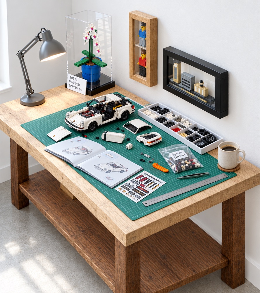 Illustration of our workbench mid-build: a classic car half-built on a cutting mat with the instructions open, sorted parts and a bag of spares, and a finished Orchid under its acrylic case in the corner